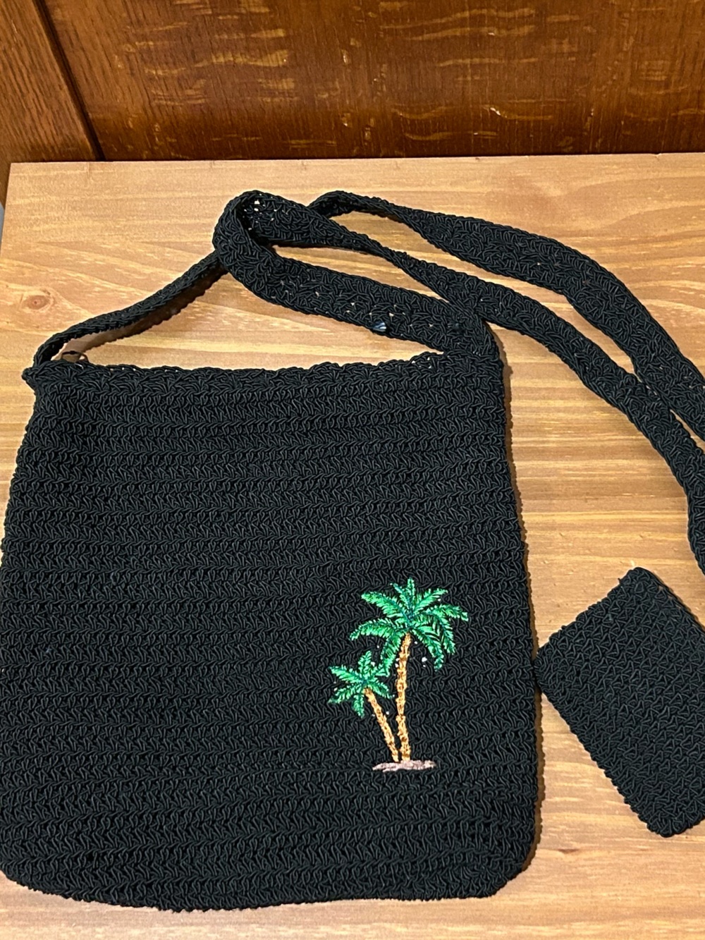 Vintage Crochet Palm Tree Crossbody Bag + Coin Purse Set Black Boho 🌴